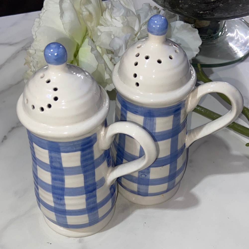 Country Living Blue and White Checkered Ceramic Salt and Pepper Shakers